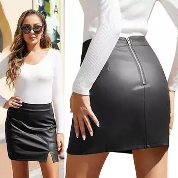 Qooth Европейская Американская Офисная Леди Нестандартная Кожаная Короткая Юбка Сексуальная А-силуэта С Высокой Талией Карандаш Мини Юбка QT2496 XS чёрный