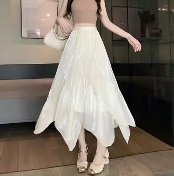 Qooth French Elegant Irregular High Talya Mid Length Skirt Summer Temperament Wave Edge A-Line Skirt For Women QT2519 One Size чёрный