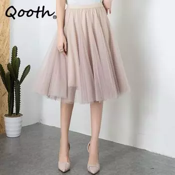 Qooth Girl Милая короткая тюлевая сетчатая юбка-зонтик женская блестящая плиссированная юбка с эластичной резинкой на талии QT2221 One Size чёрный