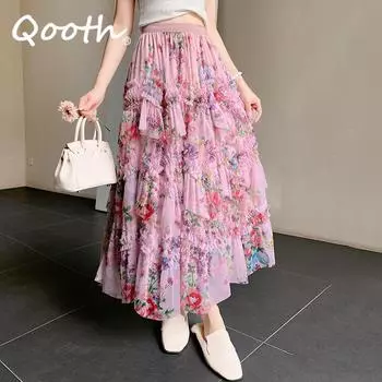 QOOTH Элегантная длинная юбка из тюля с принтом феи, модная асимметричная эластичная талия, плиссированная юбка А-силуэта с цветочным принтом QT2372 розовый