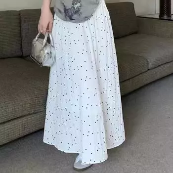 Qooth Юбки макси розового цвета с французским принтом в горошек женские корейские повседневные винтажные уличные летние длинная юбка 2024 года женские Faldas QT2415 чёрный