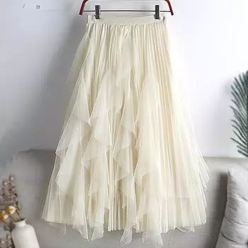Qooth летняя длинная макси-юбка женская FCute с высокой талией плиссированная юбка из тюля Kawaii сетчатая газовая юбка One Size белый