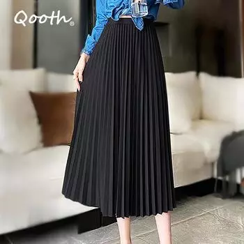 Qooth модная винтажная плиссированная юбка с высокой талией, универсальные черные длинные юбки, офисная женская элегантная юбка-миди для женщин QT1003