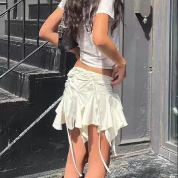 Qooth Новые Y2K сексуальные женские готические панк нестандартные юбки однотонные завязывающиеся на шнурок мини-юбки с оборками летние модные короткие юбки QT2423 S бежевый