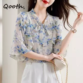 Qooth Офисная женская шифоновая блузка с цветочным принтом размера S-3XL, элегантный корейский стиль, пуловеры с цветочным бантом, топ QT2198 S синий