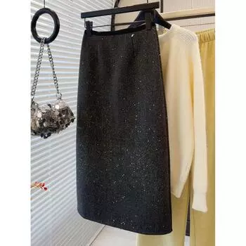 Qooth осень-зима элегантная шерстяная юбка трапециевидной формы с пайетками и высокой талией, утягивающая юбка средней длины QT2469 S серый