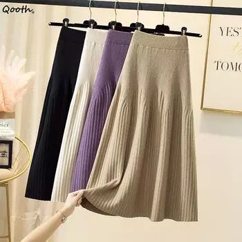 Qooth осень-зима корейский стиль женская трикотажная повседневная плиссированная юбка А-силуэта однотонная модная женская элегантная повседневная длинная юбка QT2449 чёрный