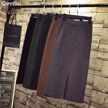 Qooth осень-зима, модная трикотажная юбка, женская длинная юбка-свитер с разрезом, женская одежда, платье, эластичная талия, трикотажная юбка QT2450 чёрный