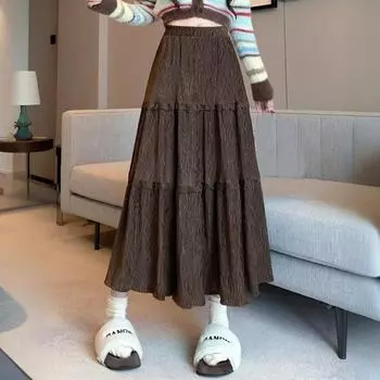 Qooth осень-зима новая бархатная юбка-трапеция с кружевом, плиссированная юбка средней длины с большим скольжением QT2491 One Size чёрный