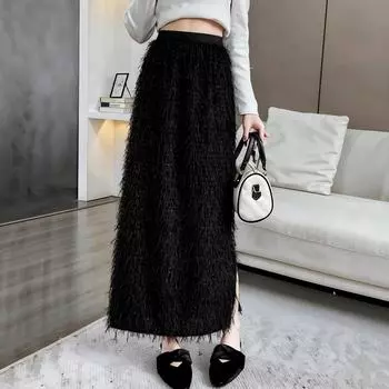 Qooth осень-зима новая французская юбка средней длины с кисточками элегантная темпераментная утягивающая юбка QT2480 M чёрный