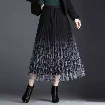 Qooth осень-зима новая леопардовая сетчатая плиссированная юбка с высокой талией утягивающая юбка-пачка средней длины А-силуэта QT2524 One size зелёный