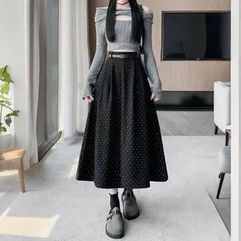 Qooth осень-зима новая ретро шерстяная юбка средней длины в горошек с завышенной талией стройнящая плиссированная юбка А-силуэта QT2490 One Size темно-синий