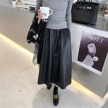 Qooth осень-зима новая юбка из искусственной кожи с высокой талией повседневная утягивающая универсальная юбка А-силуэта средней длины QT2529 One size чёрный