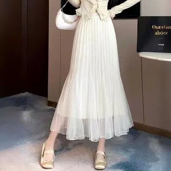 Qooth осень-зима новая юбка средней длины из сетчатой ткани Fairy, двухсторонняя юбка-трапеция с плетением из тюля «рыбий хвост» QT2487 One Size бежевый