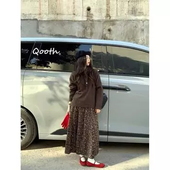 Qooth осень-зима новинка ретро леопардовый принт эластичная талия А-силуэт юбка высокая талия утягивающая модная темпераментная юбка средней длины QT2471 one size коричневый