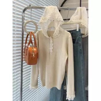 Qooth осень зима новый дизайн милый кружевной сращивающийся худи низ свитер нежный длинный рукав вязаный свитер QT2473 one size бежевый