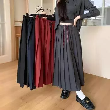 Qooth осень-зима новый стиль повседневная плиссированная юбка на шнурке однотонная юбка в стиле преппи средней длины трапециевидной формы QT2495 One Size чёрный