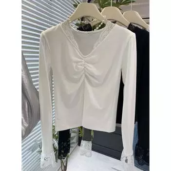 Qooth осень зима новый V-образный вырез кружева пэчворк расклешенные рукава футболка ниша сексуальные тонкие короткие топы QT2478 one size чёрный