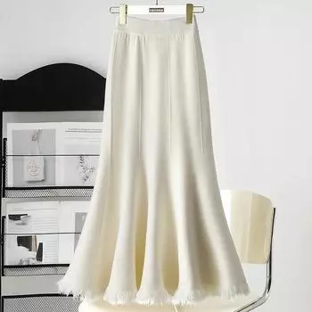 Qooth осень-зима вязаная элегантная юбка-труба для женщин с высокой талией и кисточками средней длины QT2507 One Size бежевый