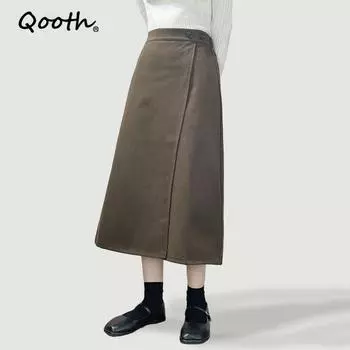 Qooth, осенне-зимняя шерстяная толстая юбка миди с эластичной резинкой на талии, женская элегантная винтажная длинная юбка трапециевидной формы с высокой талией QT1983 One Size чёрный