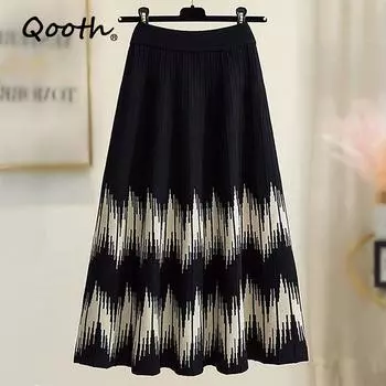 Qooth, осенне-зимняя вязаная юбка с геометрическим узором, женская юбка-миди с высокой талией, корейская мода, длинные юбки трапециевидной формы QT1328 one size коричневый
