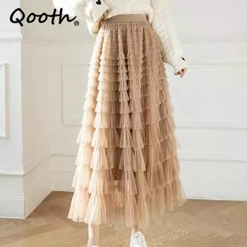 Qooth, осеннее корейское стильное сетчатое пышное длинное платье с тортом, элегантное винтажное бальное платье с эластичной резинкой на талии и высокой талией, газовая тюлевая юбка QT1989 One Size чёрный