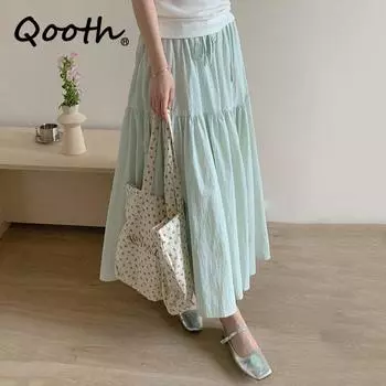 Qooth Повседневная универсальная однотонная плиссированная юбка трапециевидной формы, модная однотонная юбка-миди с эластичной резинкой на талии и бантом QT2362 зелёный