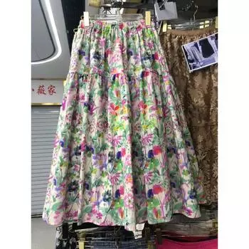 Qooth Ретро Женская Юбка А-силуэта с Цветочным Принтом Широкий Подол Миди Длина Эластичная Талия Повседневная Юбка QT2637 One Size