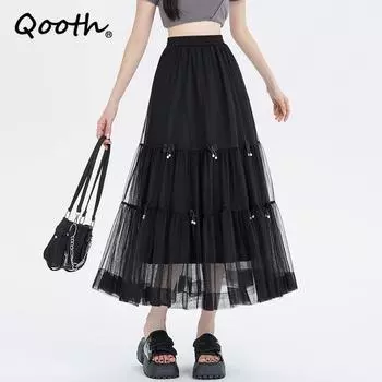 Qooth Сплошная цветная тюлевая сетчатая юбка с бантом, модная милая юбка-пачка миди с эластичной резинкой на талии QT2363 чёрный