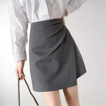 Qooth Summer A line Mini Asymmetrical Skirt Bodycon Pencil Skirt Large Size Office Lady QT2629 M серый