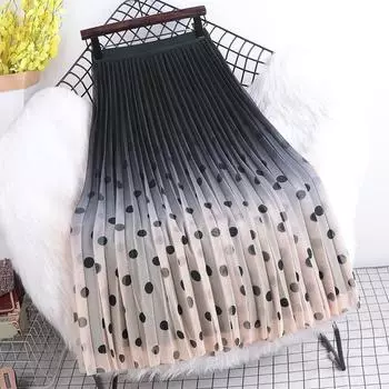 Qooth Весенняя новая сетчатая юбка с градиентом цвета, повседневная плиссированная юбка в горошек one size синий