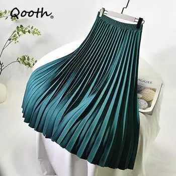 Qooth Весенняя плиссированная элегантная повседневная юбка Бело-зеленые юбки средней длины Женская однотонная юбка трапециевидной формы с высокой талией One Size чёрный