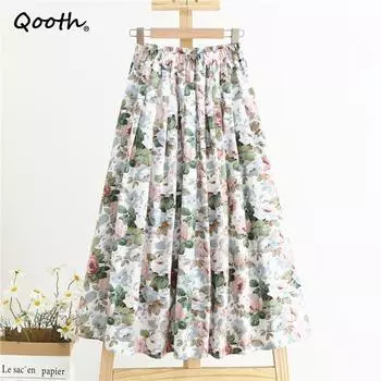 Qooth/весенне-летние женские юбки с высокой талией и цветочным принтом, винтажная повседневная хлопковая юбка-миди с большими качелями QT1713 S зелёный