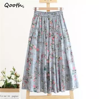 Qooth/весенне-летние женские юбки с высокой талией и цветочным принтом, женская повседневная элегантная винтажная юбка длины миди QT1711