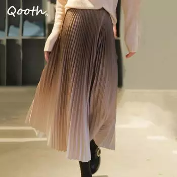Qooth, весенняя плиссированная юбка миди с эластичной резинкой на талии, женская элегантная винтажная длинная юбка трапециевидной формы с высокой талией QT1857 One Size серый