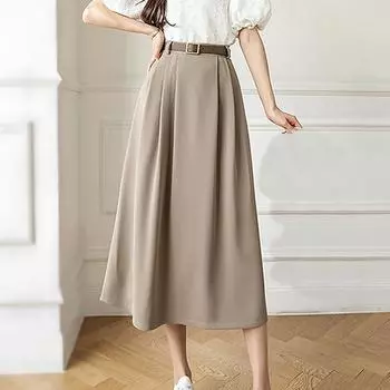 Qooth, весенняя женская юбка трапециевидной формы с высокой талией и поясом, новинка 2022, стильная элегантная длинная офисная женская однотонная юбка средней длины S хаки