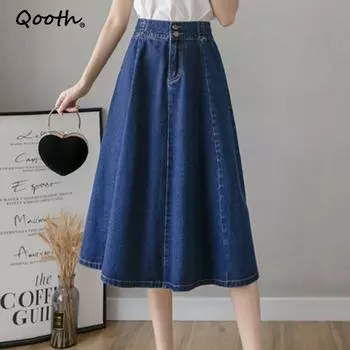 Qooth весна-лето, эластичная талия, джинсовая юбка средней длины, женская большая распашная повседневная длинная юбка с высокой талией QT1703 S темно-синий