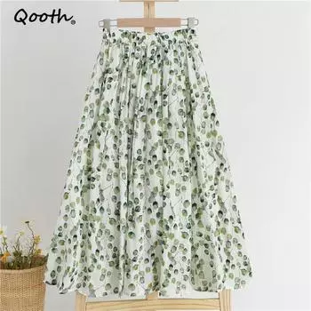 Qooth весна-лето женские юбки с высокой талией и цветочным принтом, эластичная резинка на талии, элегантные повседневные льняные хлопковые юбки миди, зеленые юбки QT1712 S зелёный