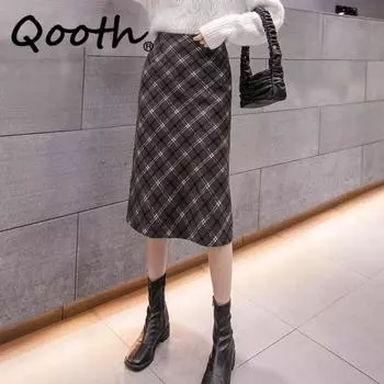 Qooth винтажная клетчатая шерстяная юбка-карандаш элегантная юбка миди с высокой талией на осень-зиму QT2302