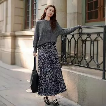 Qooth Winter Pleated Leopard Printed Mid Length Skirt A-line High Waist Big Swing Women Skirt QT2483 One Size коричневый