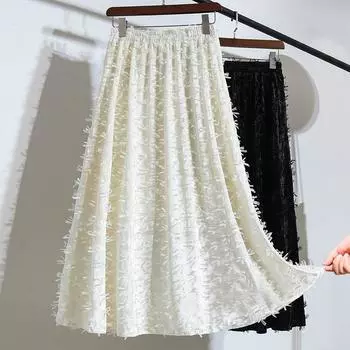 Qooth Winter Retro Velvet Embroidered Mid length Skirt Korean Style Flare A-line Skirt QT2481 One Size бежевый