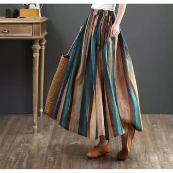 Qooth Women A Line Cotton Pleated Skirt Linen Stripes Wide Hem Mid Length Elastic Waist Skirt QT2651 S