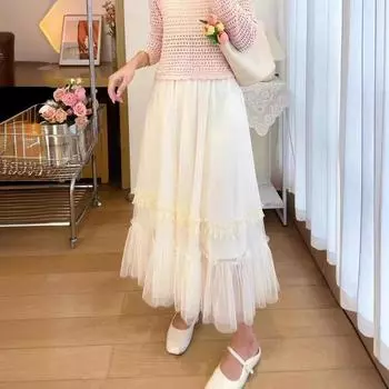 Qooth Women A-line Nail Beads Tulle Ruffle Skirt Wide Hem Mid Length Elastic Waist Casual Skirt QT2633 One Size абрикосовый