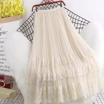 Qooth Women A Line Splice Tulle Lace Pleated Skirt Wide Hem Mid Length Elastic Waist Casual Skirt QT2649 One Size абрикосовый
