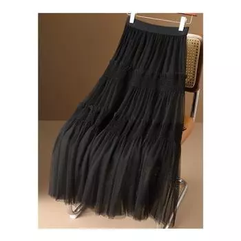 Qooth Women A Line Splice Tulle Ruffle Skirt Wide Hem Mid Length Elastic Waist Casual Skirt QT2647 One Size чёрный