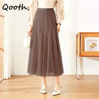 Qooth Women Casual Sweet Sequined Tulle Mesh Skirt Fashion Elastic Waist Elegant Midi Tutu Gauze A-line Skirt QT2351