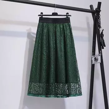 Qooth Women Elegant A Line Lace Skirt Tulle Wide Hem Mid Length Elastic Waist Casual Skirt QT2664 One Size
