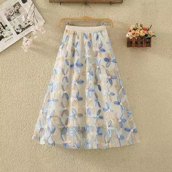 Qooth Women Embroidery A Line Tulle Skirt Wide Hem Mid Length Elastic Waist Skirt Elegant QT2634 One Size абрикосовый/синий