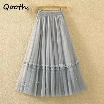 Qooth женская 3-слойная тюлевая юбка-сетка с цветочным принтом и бисером, элегантная длинная юбка-пачка трапециевидной формы с эластичной резинкой на талии на весну и лето QT2146 One Size розовый