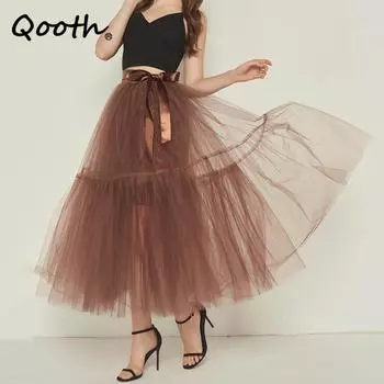 Qooth женская 4-слойная юбка-пачка трапециевидной формы с поясом-бабочкой из тюля, бальное платье, вечерние юбки-пачки с эластичной резинкой на талии на весну и осень QT2150 One Size чёрный